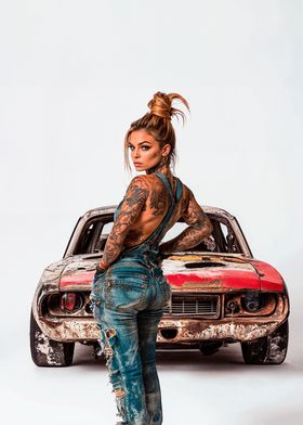 Tattooed Woman with Muscle Car