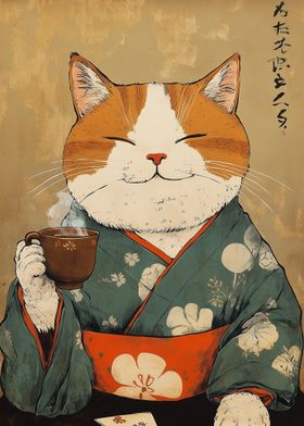 Smiling Cat in Kimono Drinking Tea