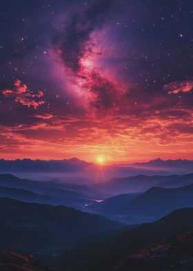 Sunrise Over Mountains with galaxy