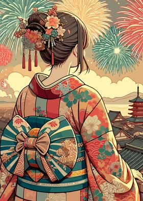 Anime Kimono Girl Watching Fireworks