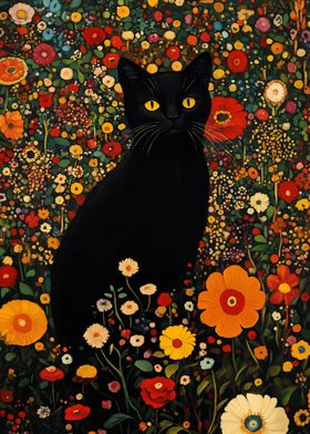 Black Cat in Flower Field