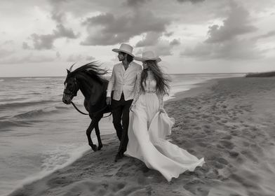 Couple Walking on Beach with Horse