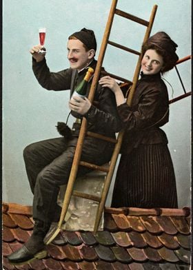 Chimney Sweep Couple on Roof