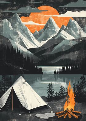 Campsite Sunset Mountain Campfire Art