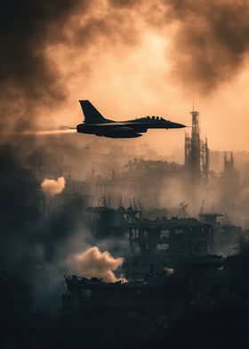 Fighter Jet Over Ruins