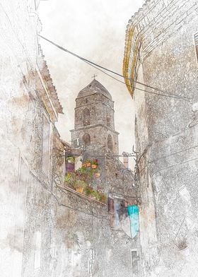 Stone Church Tower in Narrow Alley Caserta vecchia