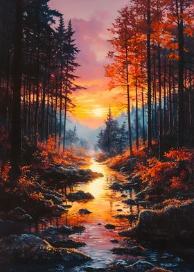 autumn Forest Sunset Painting landscape