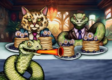 Snakes and Cat Eating Pancakes