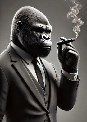 Gorilla in Suit Smoking Cigar