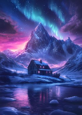 Cabin Under Aurora Borealis Snow Space Landscape