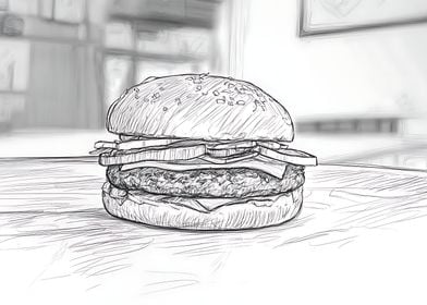 A realistic pencil sketch of a classic burger in black and white, showing detailed textures of a sesame bun, patty, cheese, and onions.