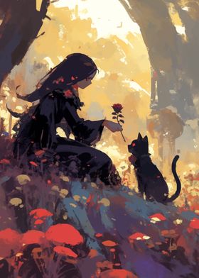 Girl Offering Rose to Cat