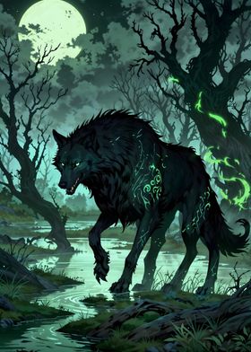 Black Wolf in Moonlight