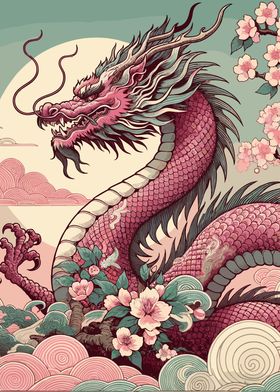 Asian Pink Dragon with Cherry Blossoms