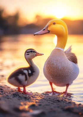 Duckling and Mother at Sunset