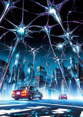 Cyberpunk Cityscape with Neuron Network