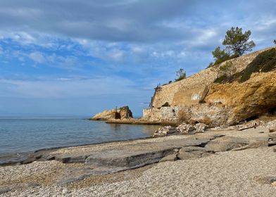 Greece: Coastal Stone Wall and Beach