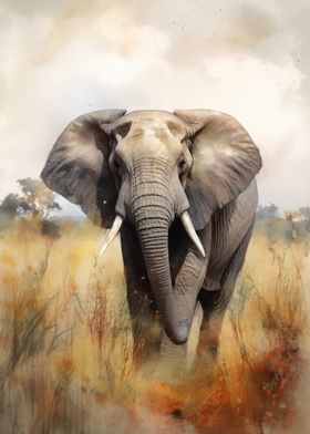 Elephant in Savanna Watercolor