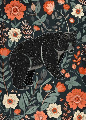 Black Bear in Floral Garden