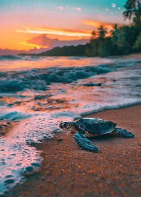 Sea Turtle Sunset Beach Ocean Sea Sand