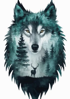 Wolf and Forest Watercolor