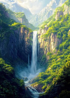 Waterfall in Lush Valley Nature