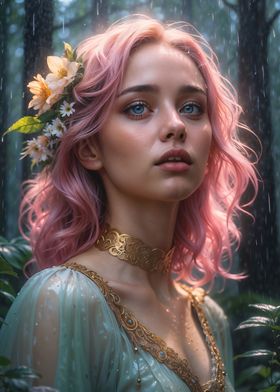 Pink-Haired Woman in Forest