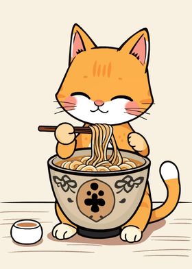 Cute Cat Eating Ramen