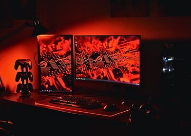 Gaming Setup with Red Lighting