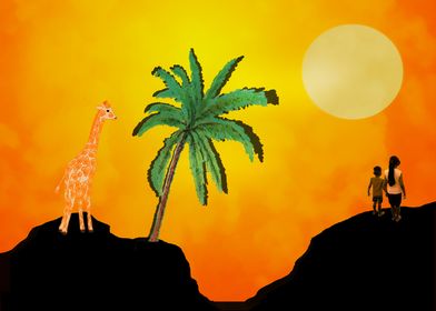 Giraffe Sunset Landscape