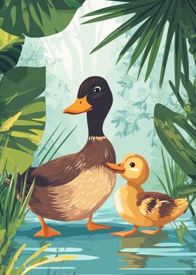 Duck Family in Lush Greenery