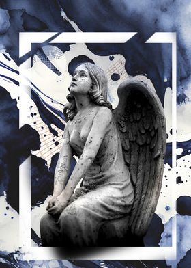 Angel Statue with Blue Abstract Background