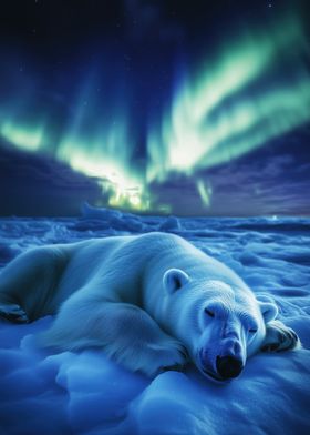 Polar Bear Under Aurora Borealis