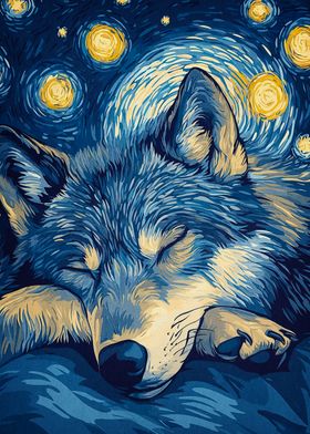 Wolf Sleeping Under Starry Night