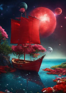 Red Sailboat Under Crimson Moon