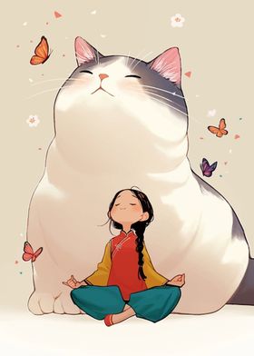 Girl Meditating with Giant Cat