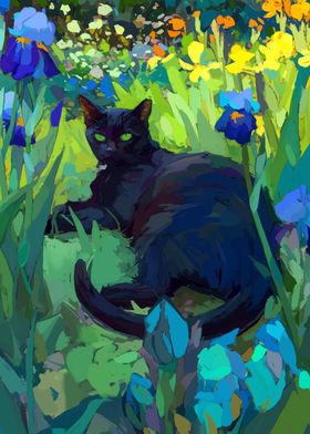 Black Cat in Flower Garden