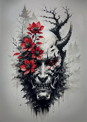 Japanese Oni Mask with Flowers