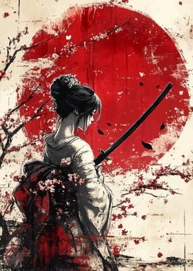 Samurai Woman with Red Sun