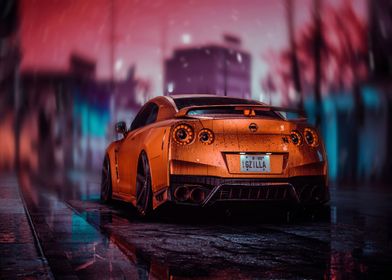 Orange Sports Car in City