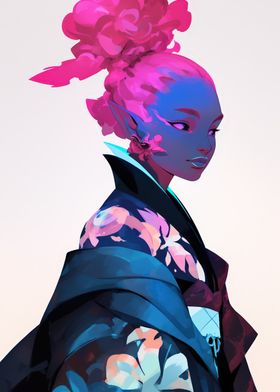 Blue-Skinned Elf in Kimono