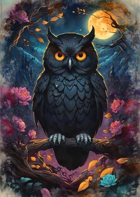 Black Owl Under Full Moon