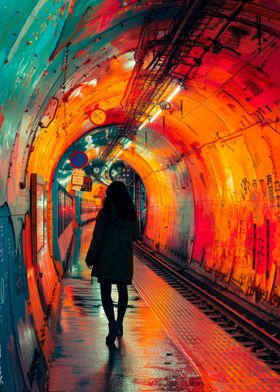 Woman Walking in Colorful Tunnel