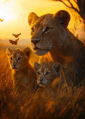 Lioness and Cubs at Sunset