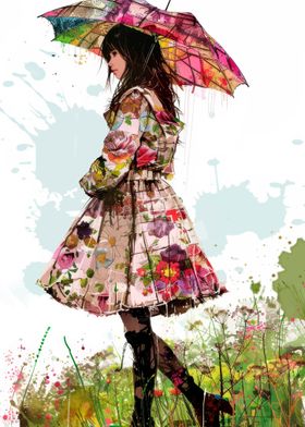 Girl with Umbrella in Floral Dress