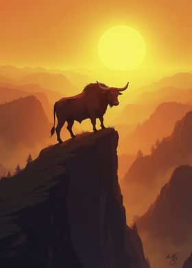 Bull on Mountaintop Sunset