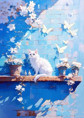 White Cat on Blue Wall