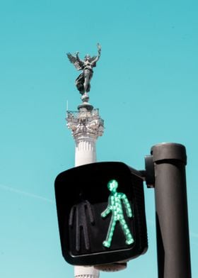 Angel Statue and Walk Signal