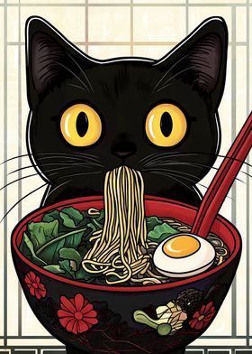 Black Cat Eating Ramen