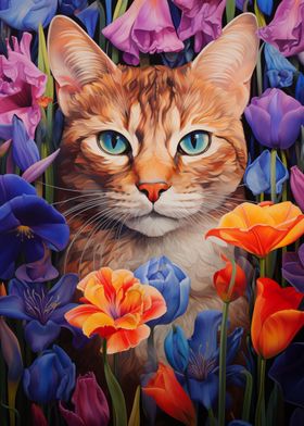 Cat in a Garden of Flowers